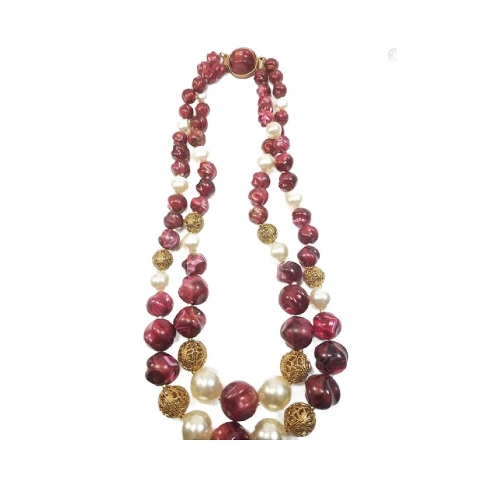 Vintage Double Strand Necklace with Cranberry, Pearl, and Gold Filigree Beads